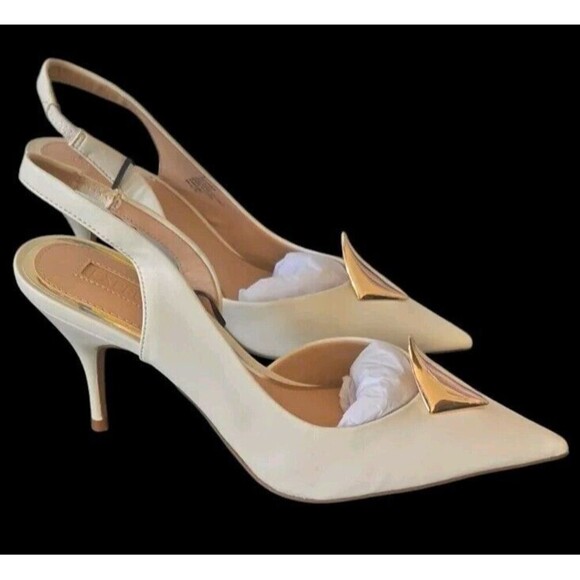 Brian Atwood X Express Sling Back Pumps Women's 9 Cream Gold Faux Leather  NWT - Picture 3 of 9